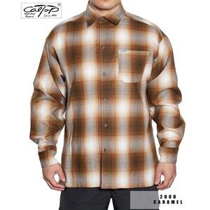 Caltop Old School Flannel Shirt Men‎ L Brown Tan Plaid USA Made Cholo Streetwear
